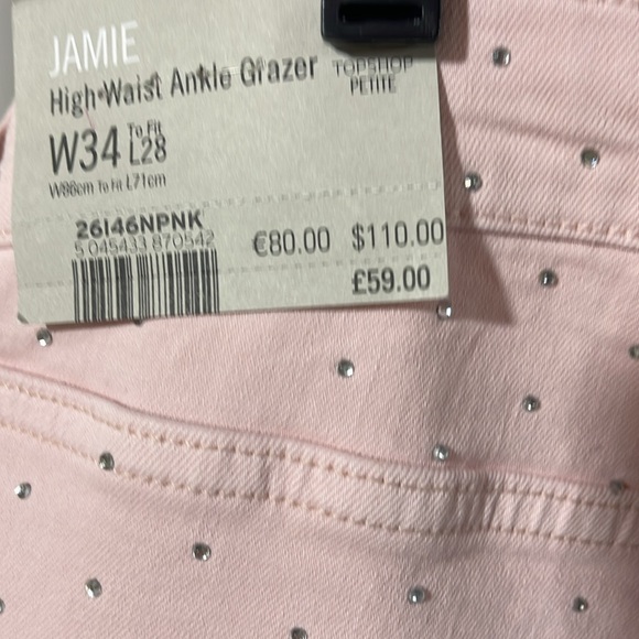 TOPSHOP PETITE ROCKABILLY PINK RHINESTONED ANKLE GRAZER JEANS 34/28 NEW - Picture 6 of 8
